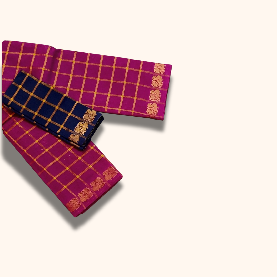 Magenta Pink with Gold Checks & Peacock Zari Border Pavithra Kattam Sungudi Cotton Saree