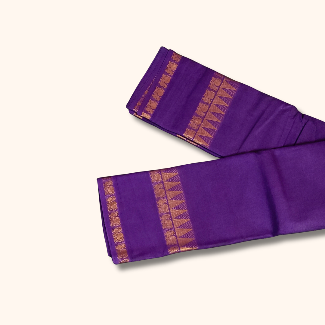 Purple Cotton Saree with Gold Zari Stripes & Traditional Border – Running Blouse