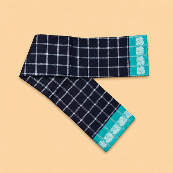 Dark Ink Blue Pavithra Kattam Cotton Saree with Silver Checks & Aqua Blue Elephant Border