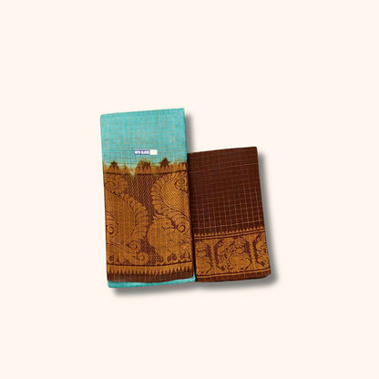Turquoise Blue & Brown Sungudi Cotton Saree with Peacock Pallu – Separate Blouse Piece