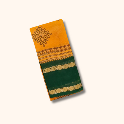 Mustard Yellow Sungudi Kolam Cotton Saree with Emerald Green Border