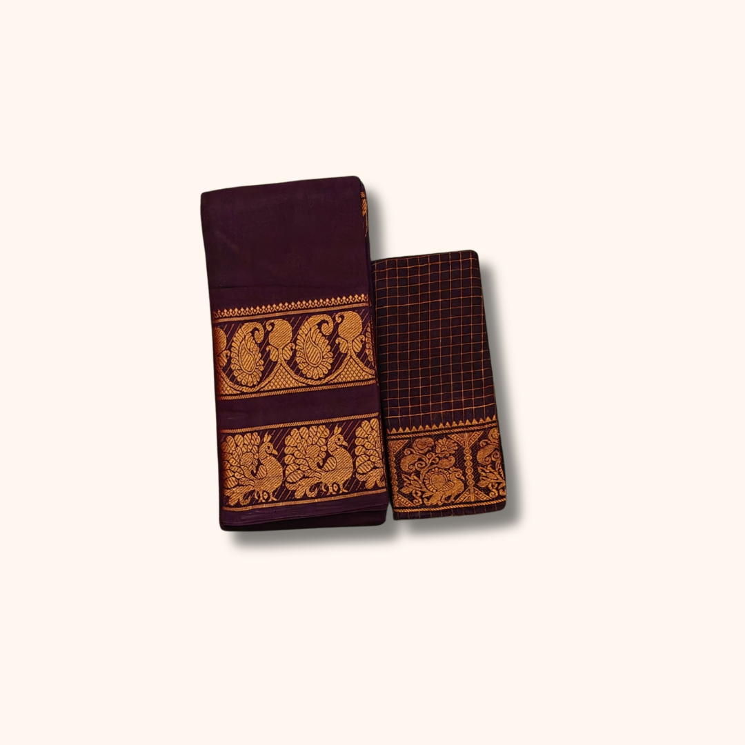 Dark coffee brown Cotton Saree with Gold Zari Peacock Border & Matching Separate Blouse Piece