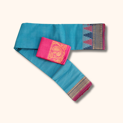 Sky Blue Chettinad Cotton Saree with Temple Border