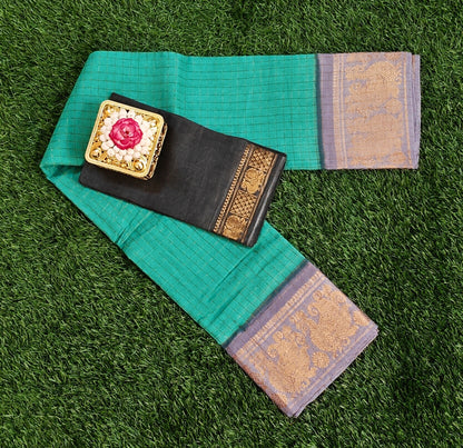 Teal Green Sungudi Cotton Saree with Grey Zari Border