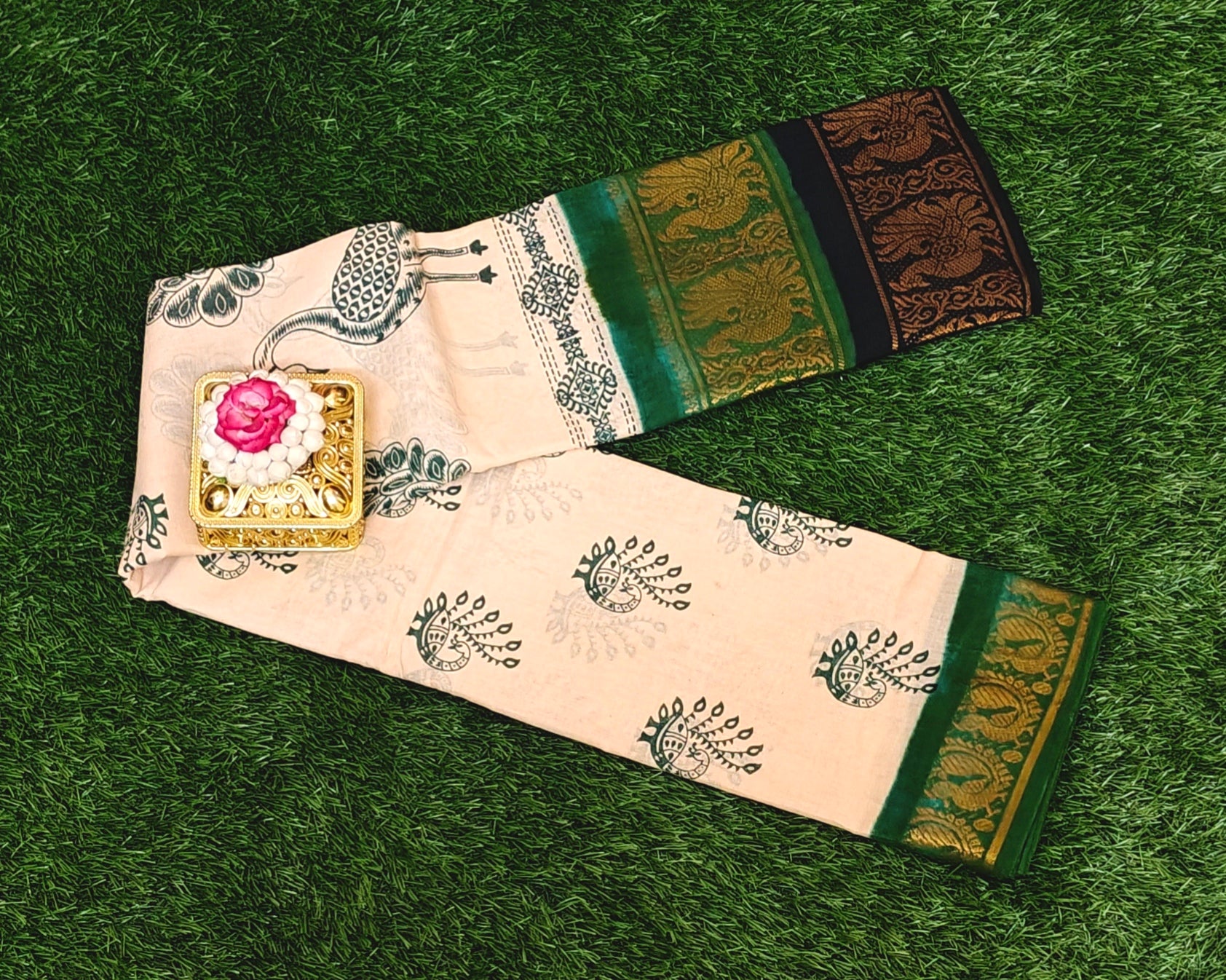 Beige Cotton Double Border Saree with Traditional Peacock Design