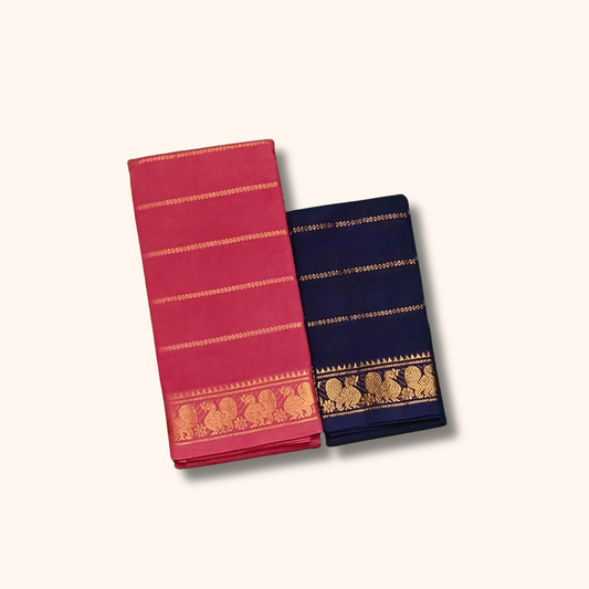 Rani Pink Cotton Saree with Navy Blue Contrast Blouse