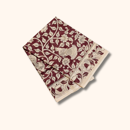 Maroon Kalamkari Cotton Saree with Butterfly & Floral Print –