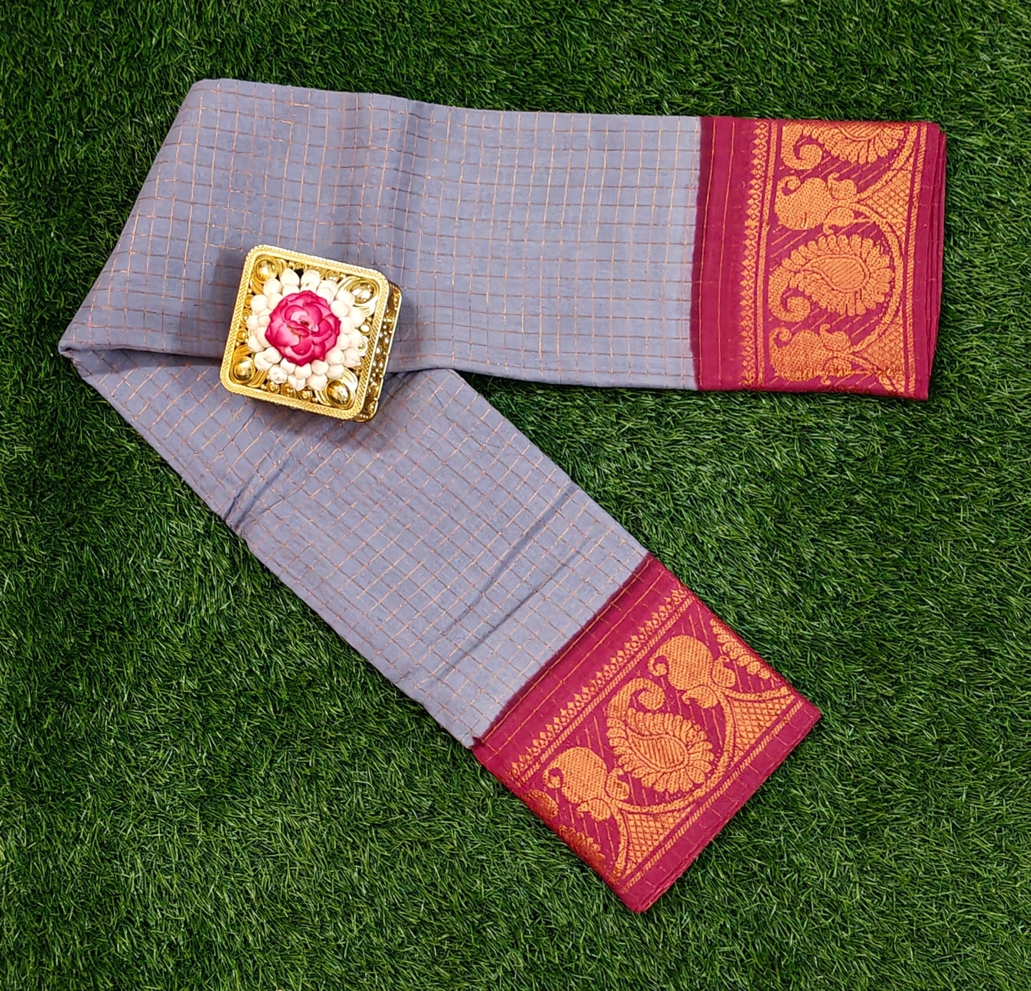 Grey with Maroon Zari Border Subgudi Checked Cotton Sarees