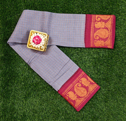 Grey with Maroon Zari Border Subgudi Checked Cotton Sarees