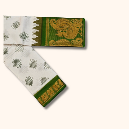 White & Green Kolam Temple Border Sungudi Cotton Saree