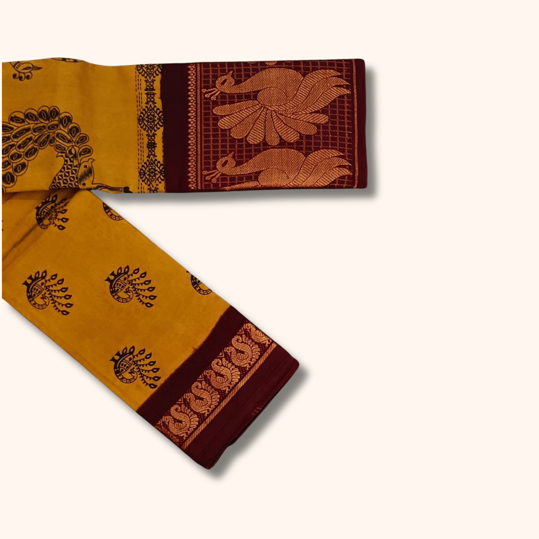 Mustard Yellow Peacock Border Sungudi Cotton Saree