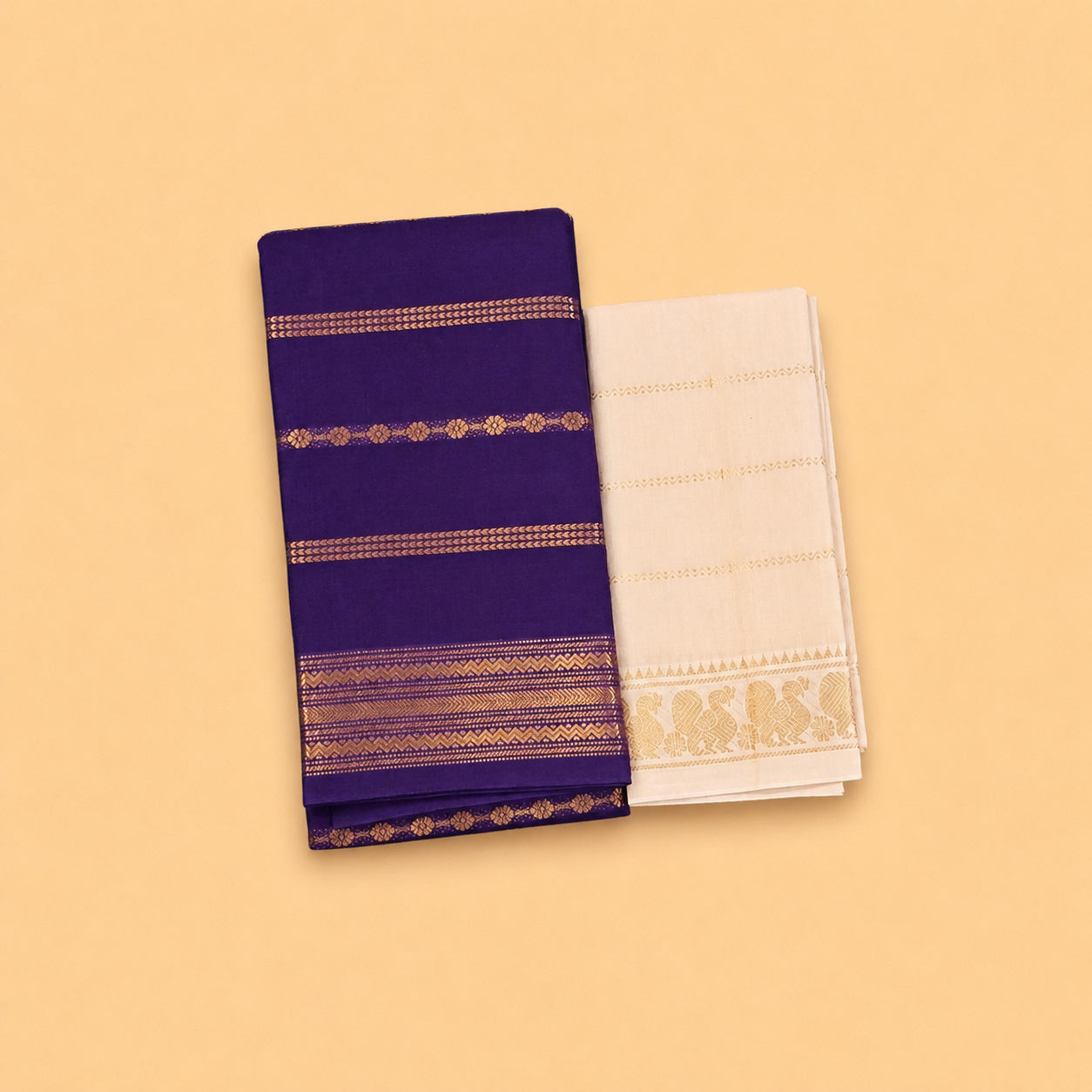 Royal Purple Cotton Saree with Off-White Contrast Border & Separate Blouse