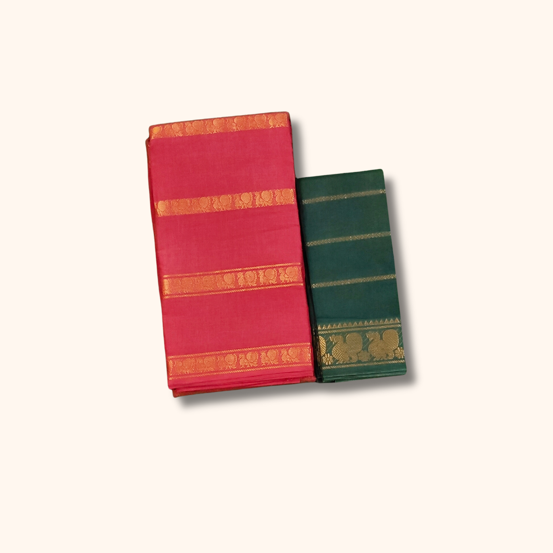 Light Rose Cotton Saree with Gold Zari Border & Bottle Green Separate Blouse