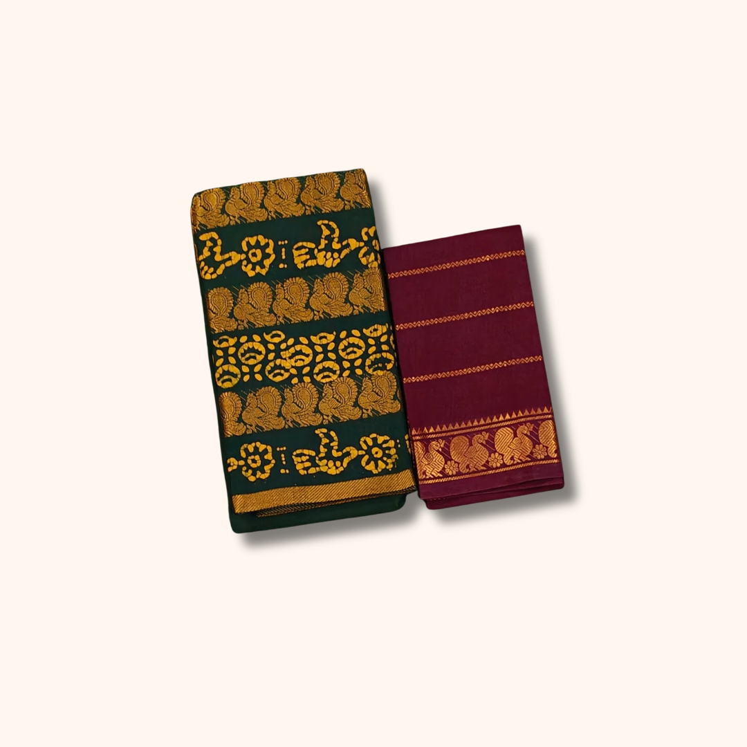 Dark Green Batik Cotton Saree with Maroon Separate Blouse Piece
