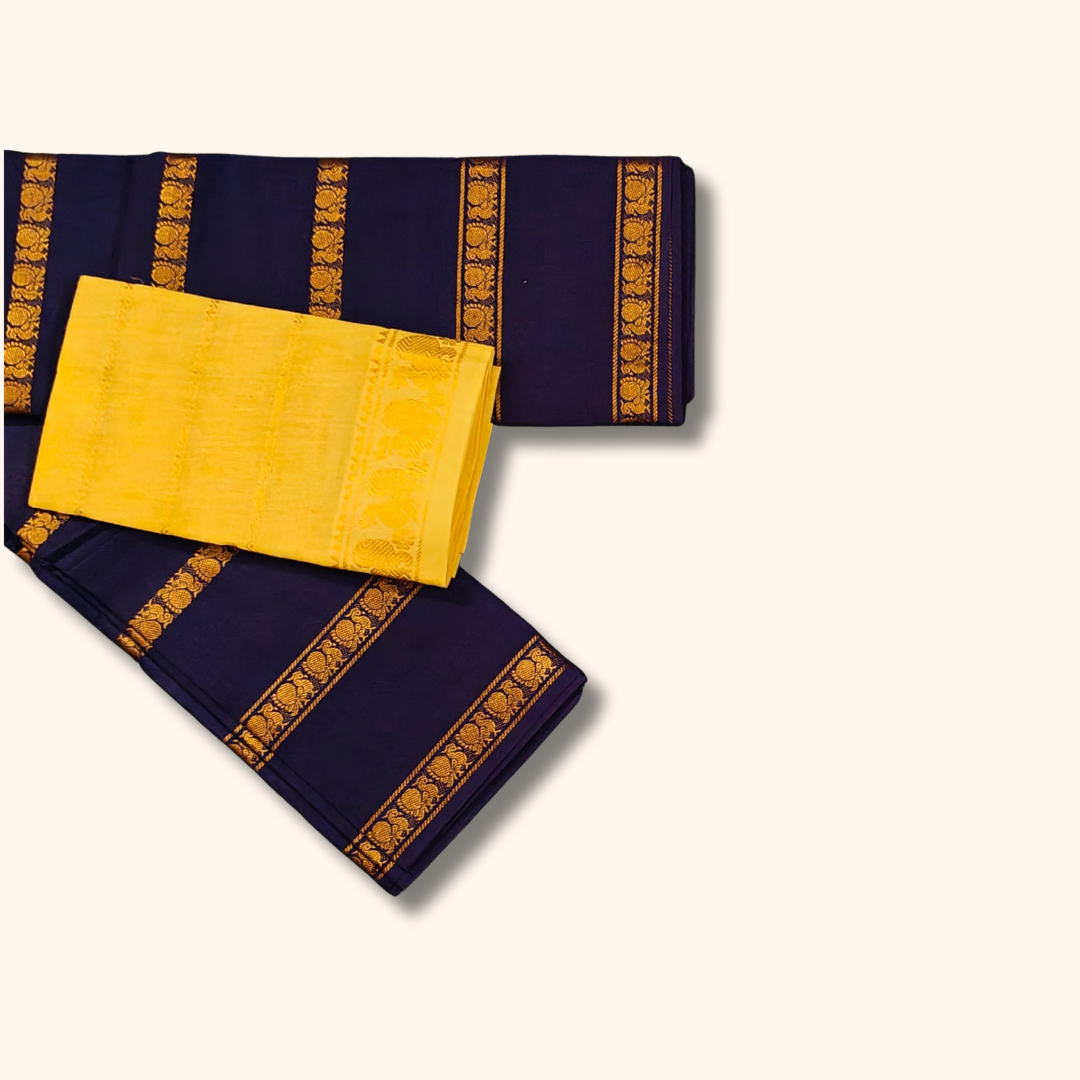 Royal Purple Cotton Saree with Gold Zari Border & Separate Blouse