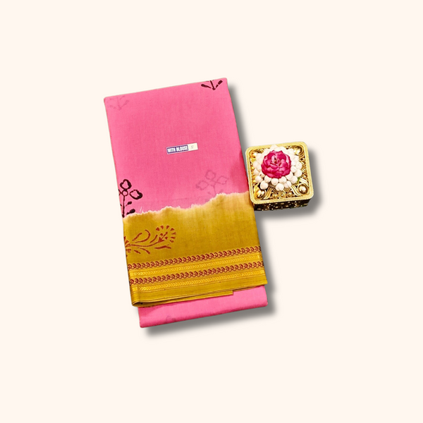 Bright Pink Sungudi Cotton Saree with Mustard Zari Border & Running Blouse