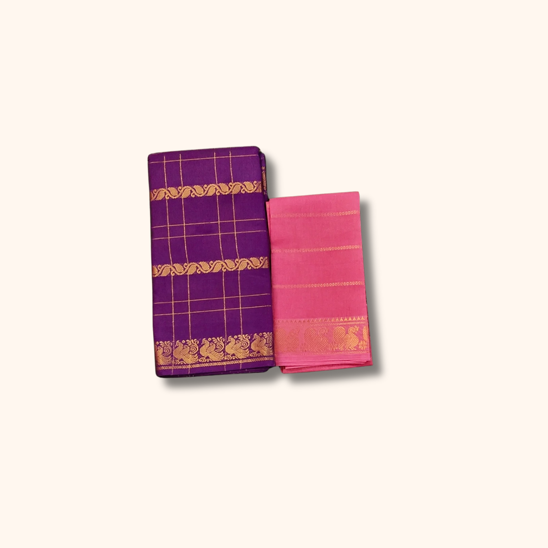 Purple Pure Sungudi Cotton Saree with Gold Zari Checks & Pink Blouse Piece