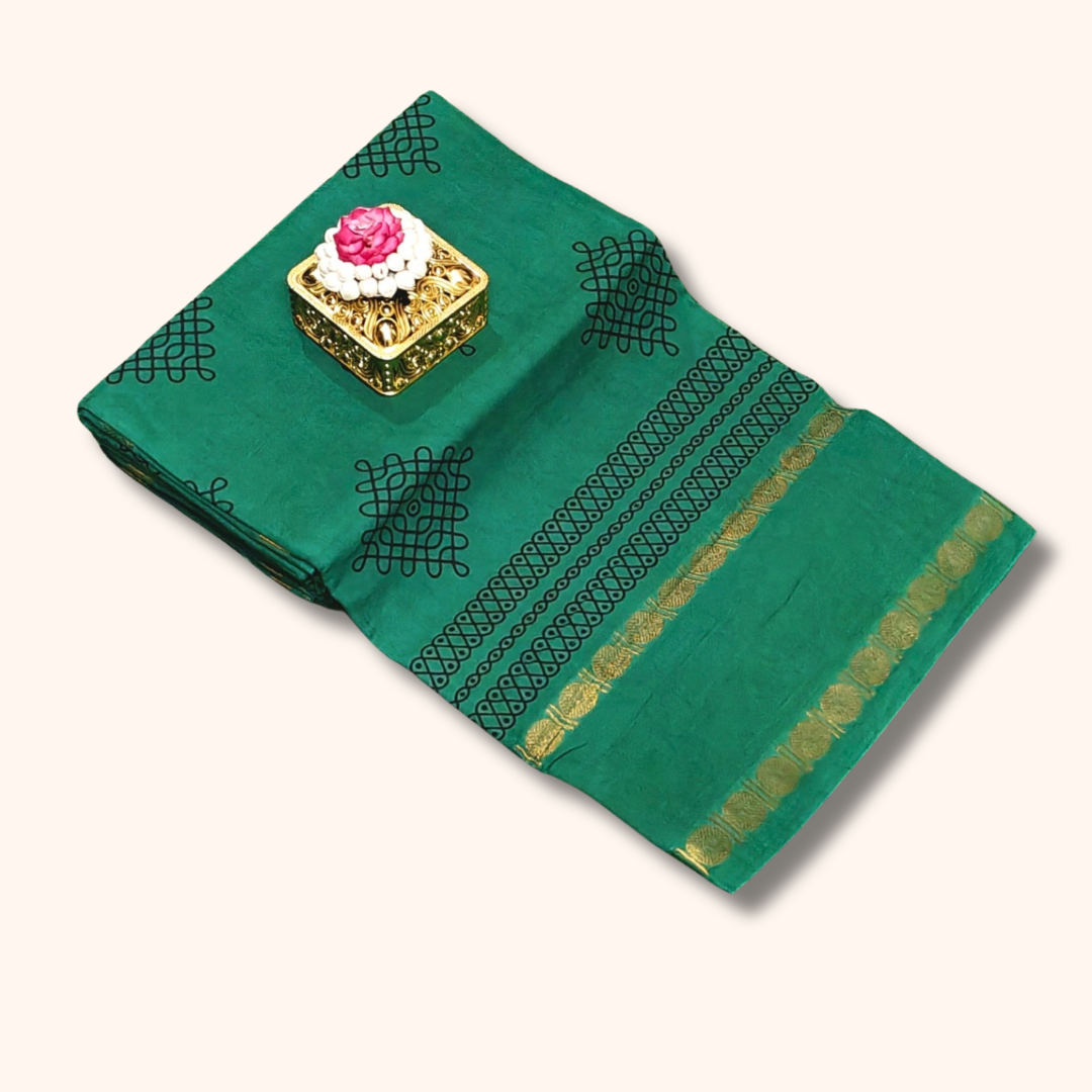 Emerald Green Kolam Design Sungudi Cotton Saree with Traditional Zari Border