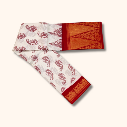 White Paisley Print Cotton Saree with Red Temple Border