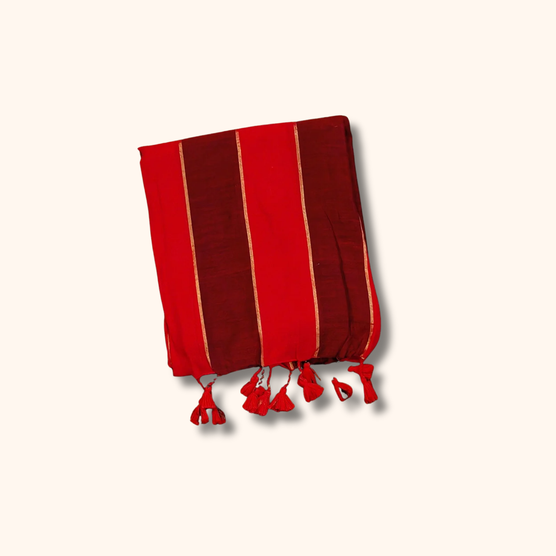 Red & Maroon Striped Cotton Saree with Running Blouse