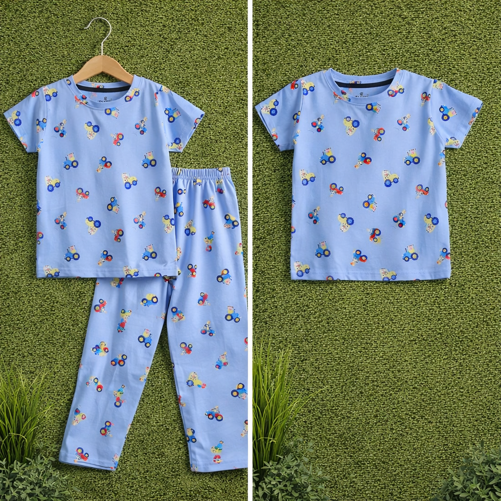 Kids Unisex Pure Cotton T-Shirt & Pant Set – Cute Tractor Print Comfort Wear (Sky Blue)