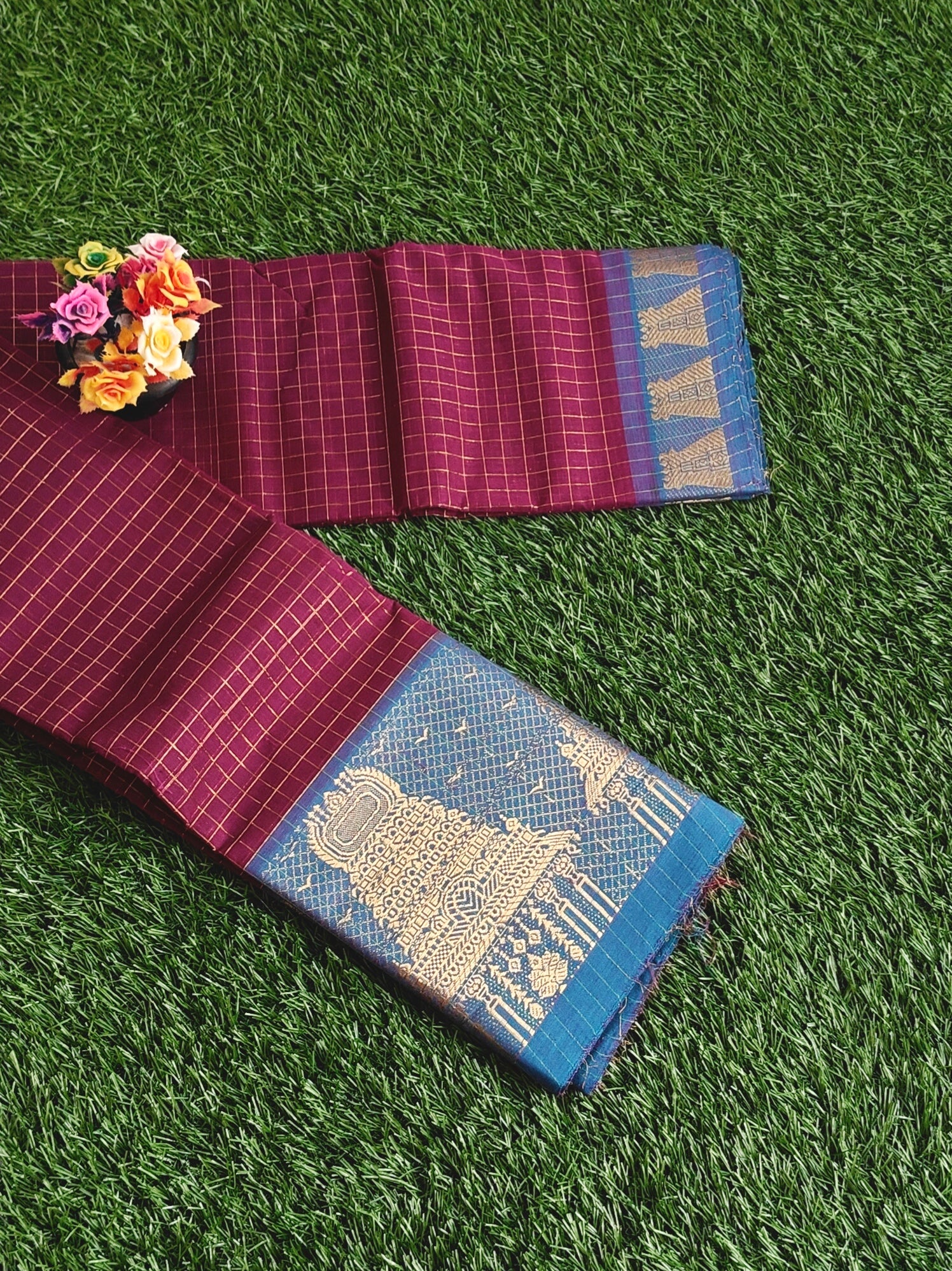Authentic Chettinad Cotton Saree with Meenakshi Gopuram Border – Maroon Checks with Blue Temple Border
