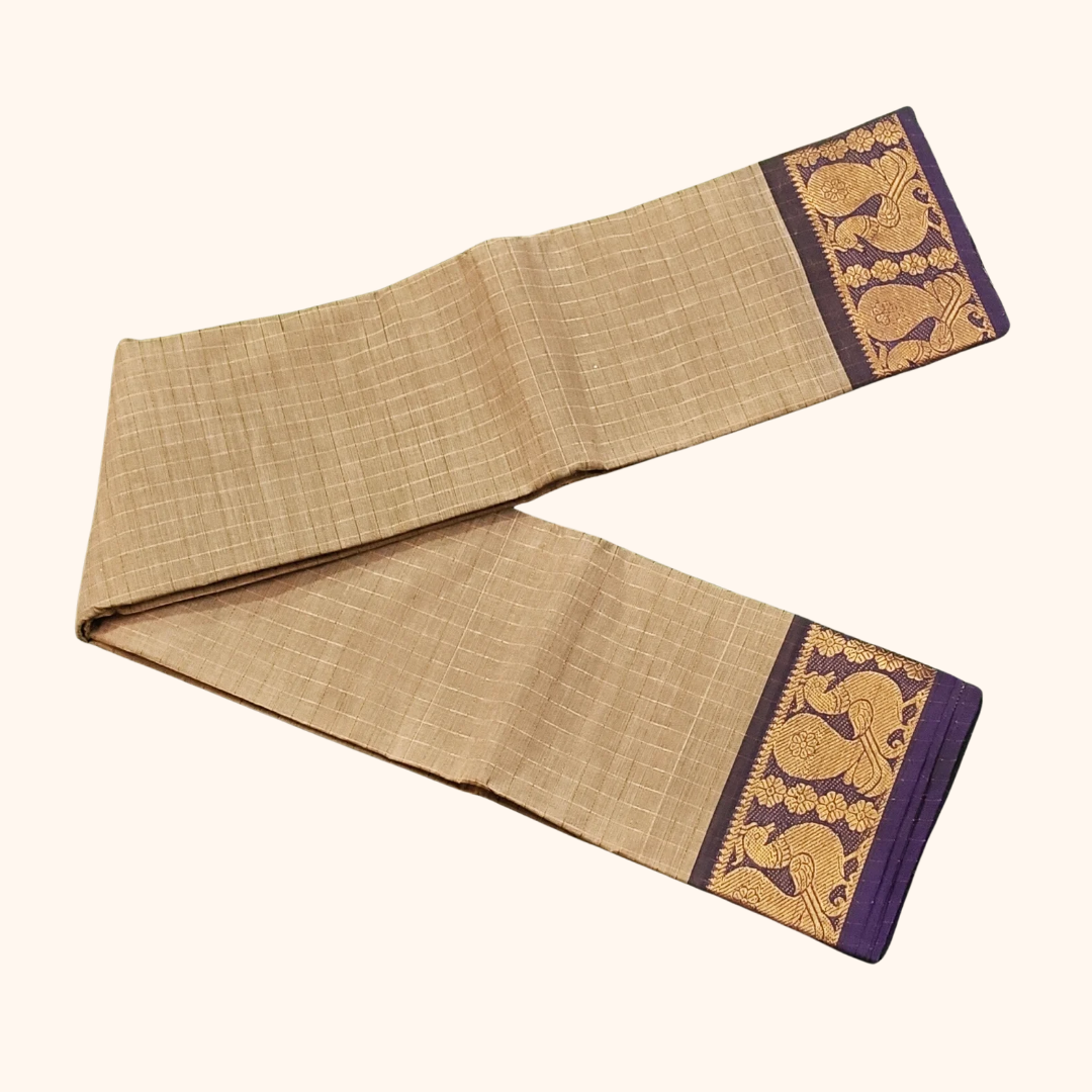 Beige Chettinad Cotton Saree with Purple Peacock Zari Border