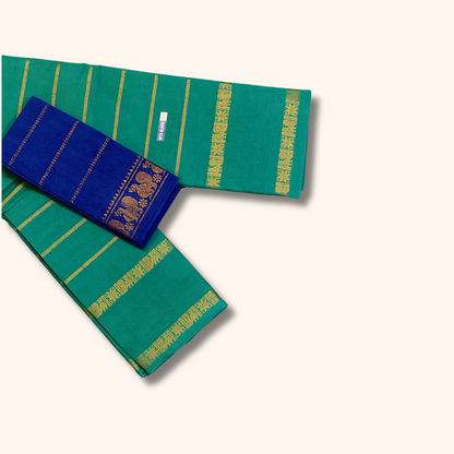 Teal Green Cotton Saree with Gold Zari Stripes & Traditional Border – Blue Blouse Piece