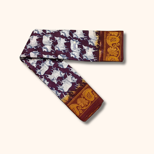 Wine Maroon Cow Print Sungudi Cotton Saree with Antique Gold Border