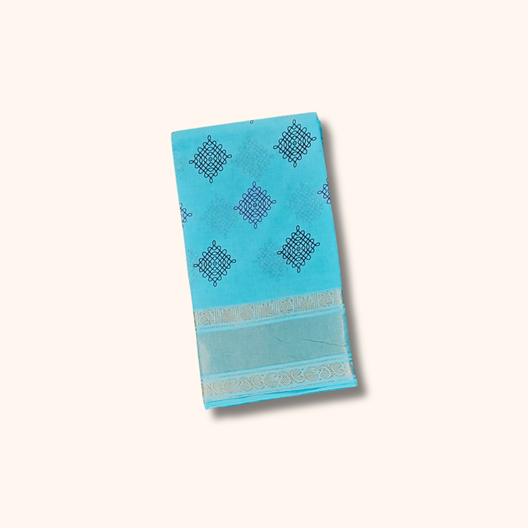 Sky Blue Sungudi Cotton Saree with Kolam Print & Gold Zari Border