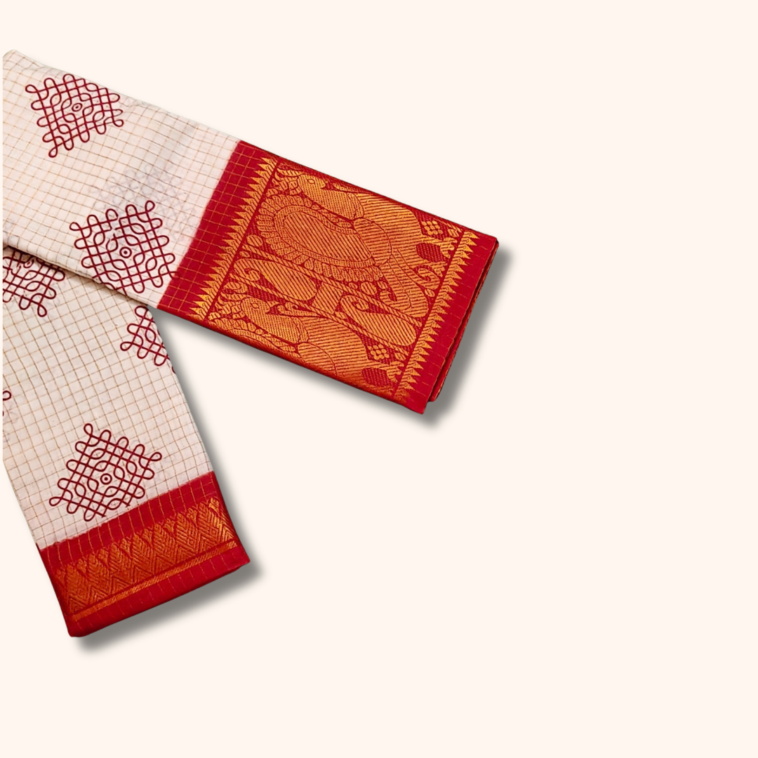 White Checked Kolam Design Cotton Saree with Red Zari Border