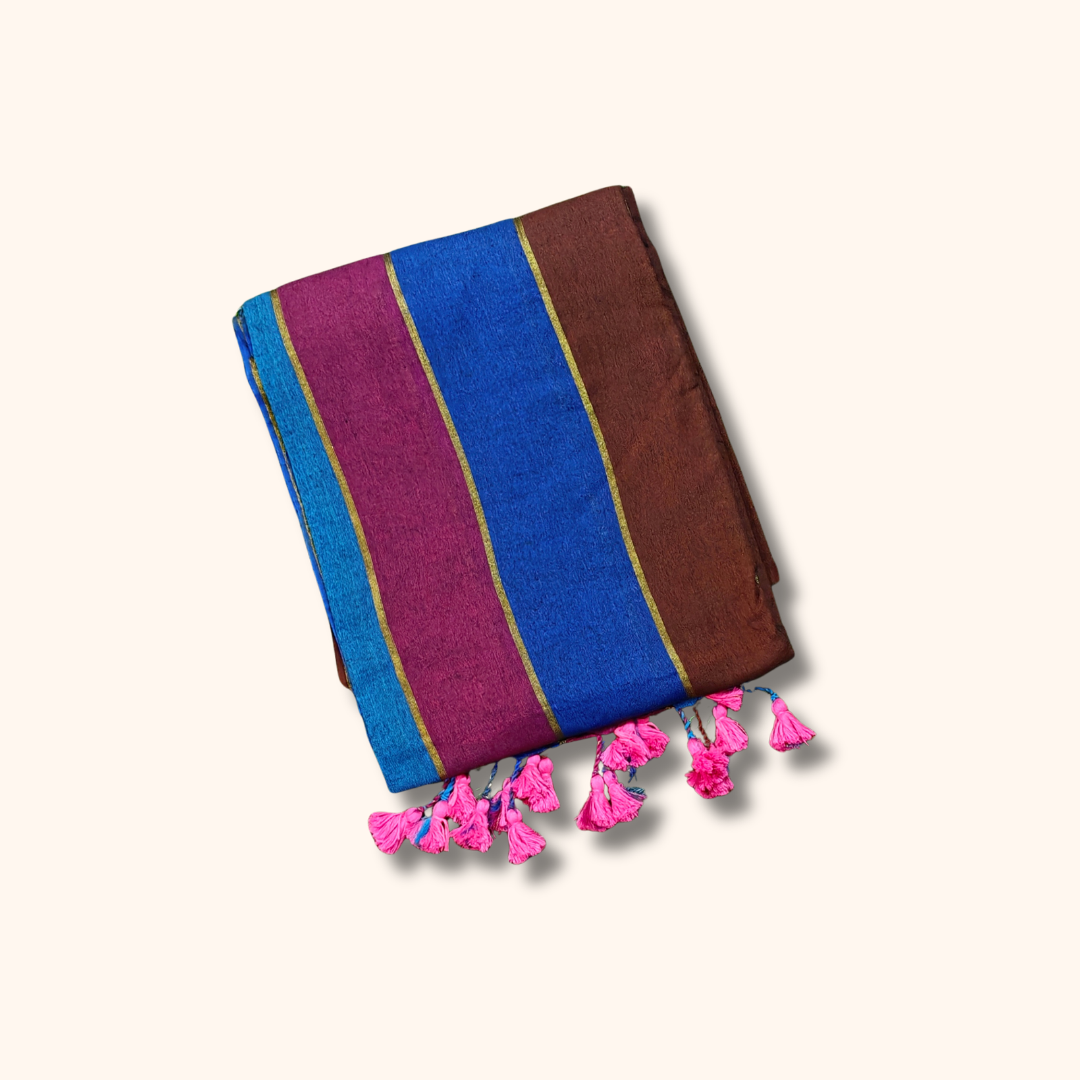 Mulmul Cotton Saree in Royal Blue, Magenta & Coffee Brown Stripes with Tassel Pallu