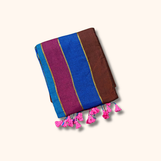 Mulmul Cotton Saree in Royal Blue, Magenta & Coffee Brown Stripes with Tassel Pallu