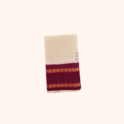 Cream Cotton Saree with Maroon Border and Traditional Motifs – Running Blouse