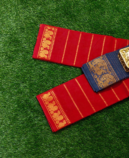 Bright Red Sungudi Cotton Saree with Zari Lines & Navy Blue Contrast Blouse Piece