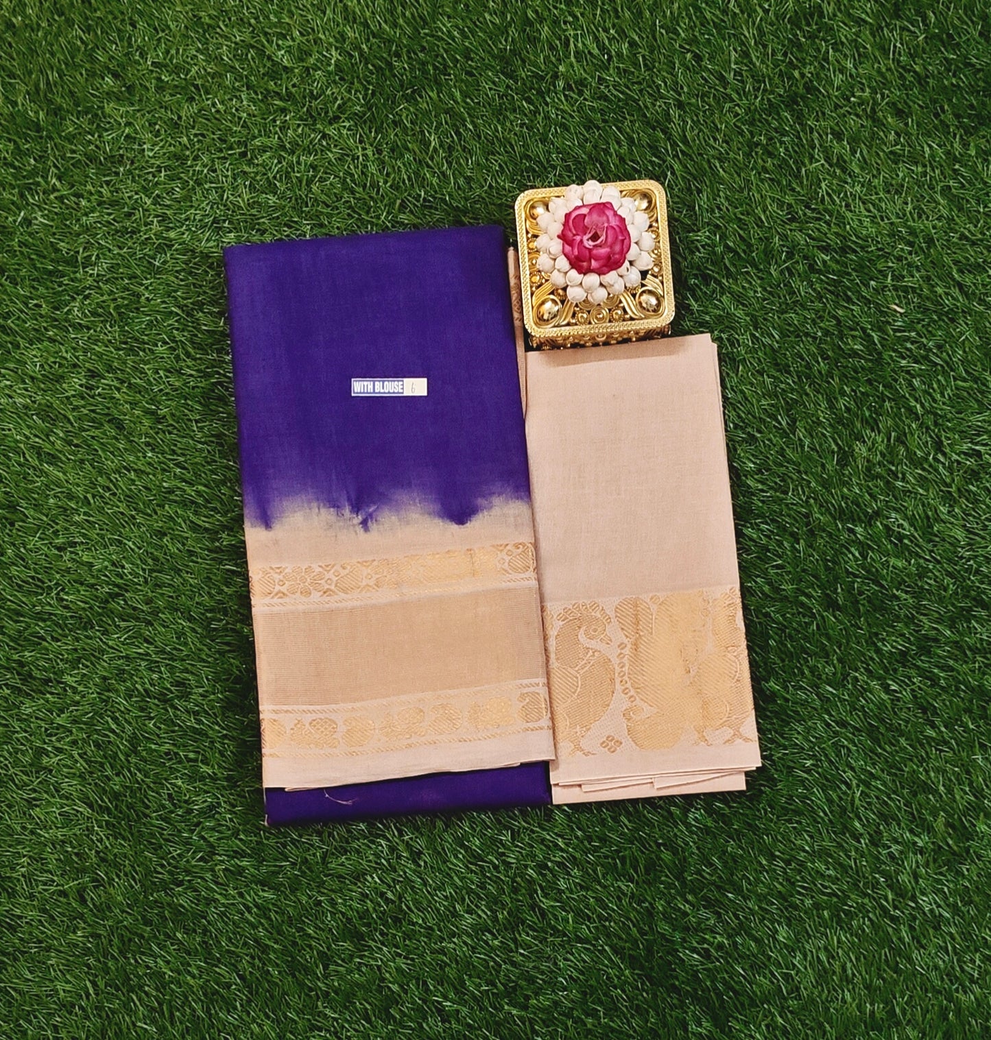Authentic Deep Violet Sungudi Cotton Saree with Beige Zari Border & Contrast Blouse