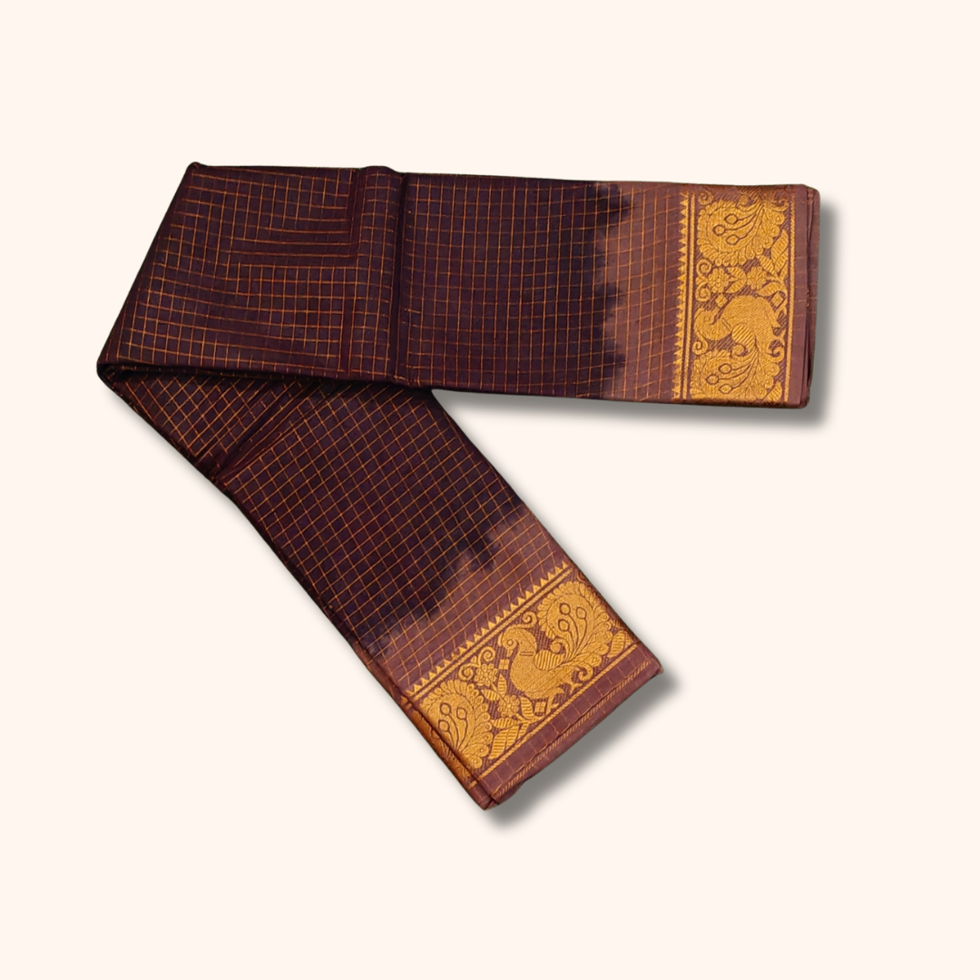 Brown Checked Sungudi Cotton Saree with Peacock Zari Border