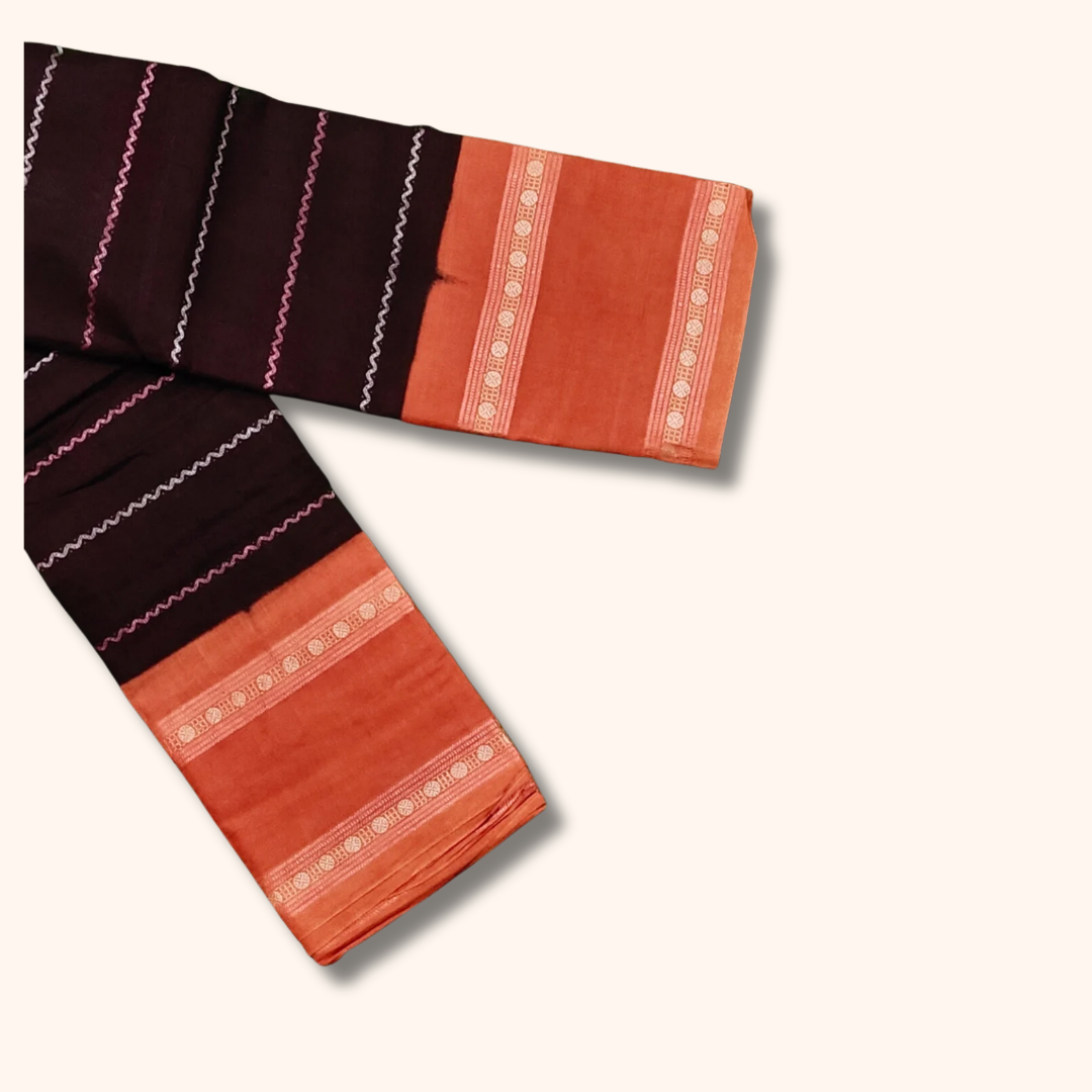 Dark Maroon Cotton Saree with Peach Border
