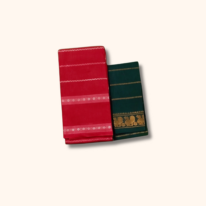 Bright Red Cotton Saree with Bottle Green Separate Blouse Piece