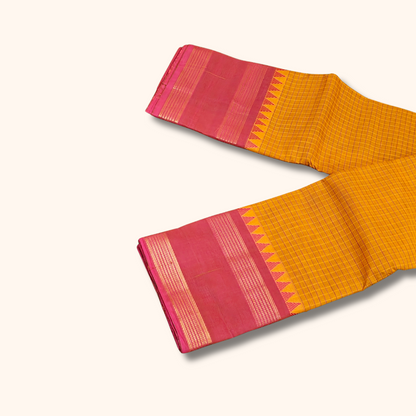 Mustard Checked Chettinad Cotton Saree with Pink Temple Border