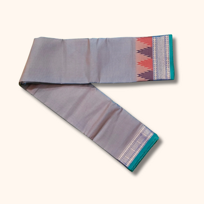 Bluish Grey Chettinad Cotton Saree with Traditional Contrast Border