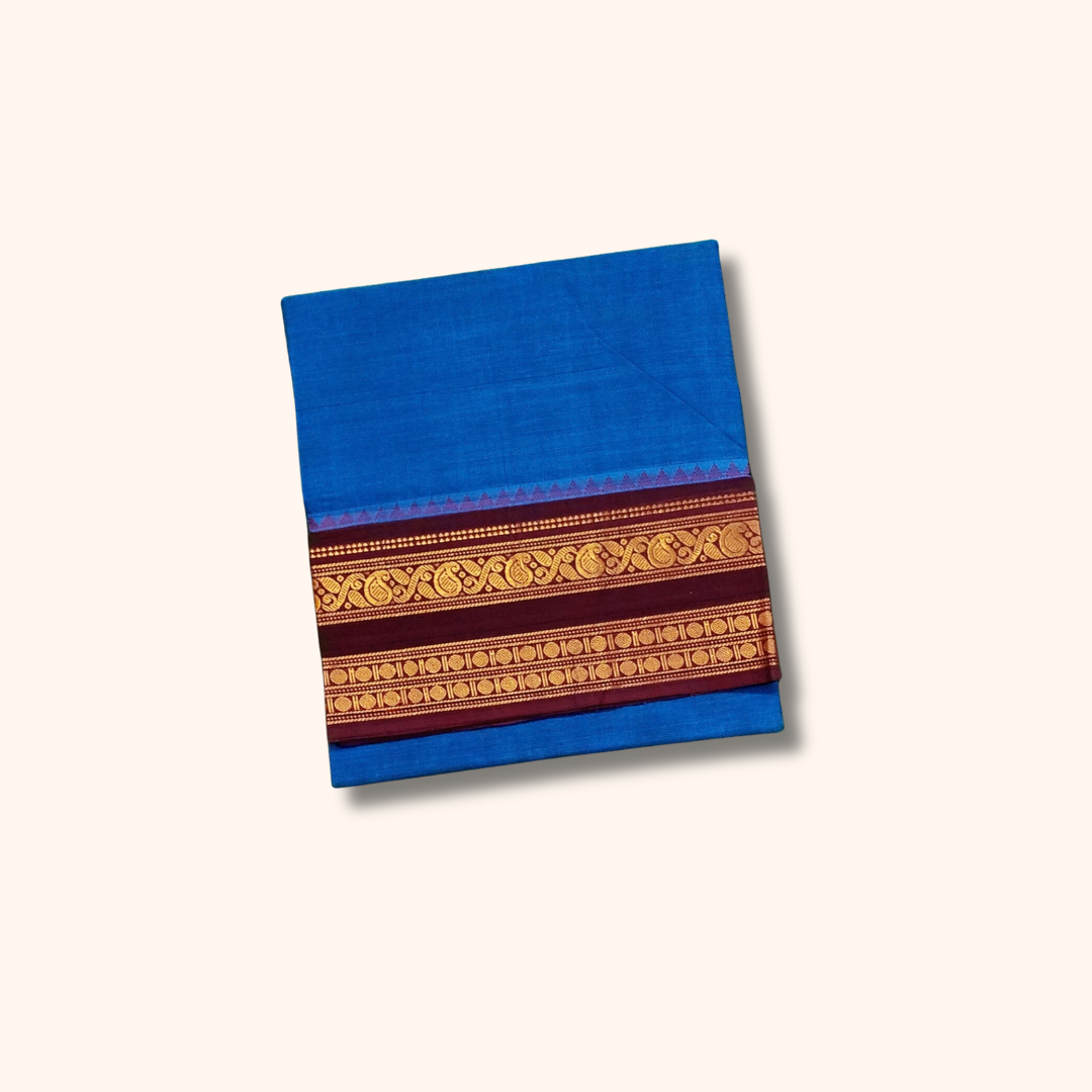 Royal Blue Chettinad Cotton Saree with Maroon Gold Zari Border – Running Blouse