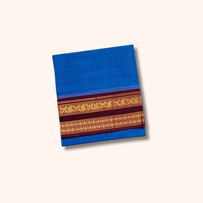 Royal Blue Chettinad Cotton Saree with Maroon Gold Zari Border – Running Blouse