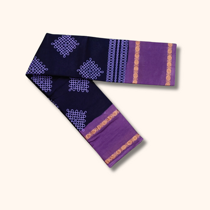 Navy Blue Sungudi Cotton Saree with Lavender Contrast Border