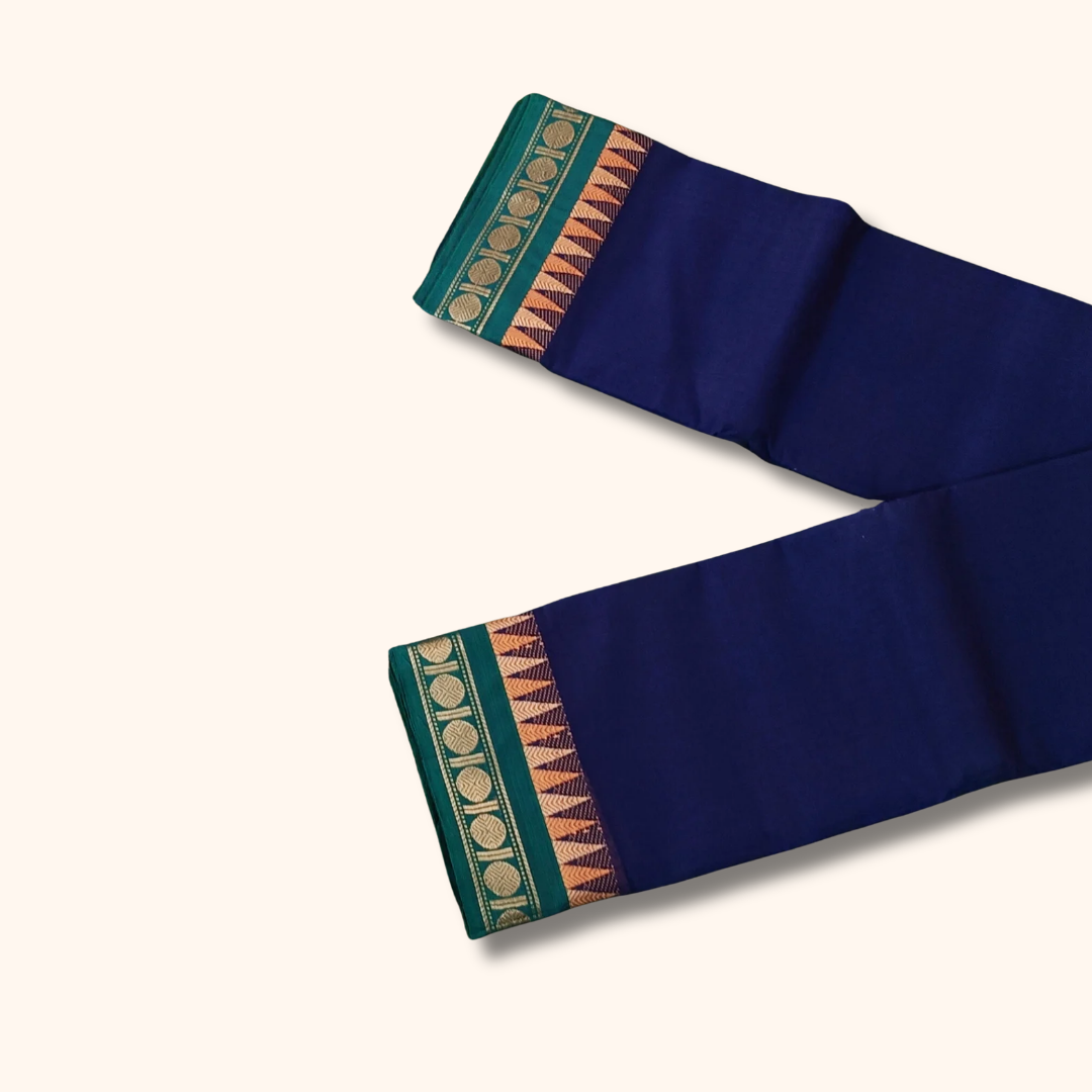 Dark ink Blue Temple Border Chettinad Cotton Saree