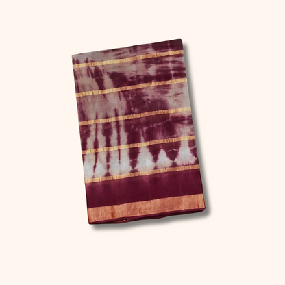Wine & Grey Tie-Dye Cotton Saree with Gold Stripe Border – Separate Blouse