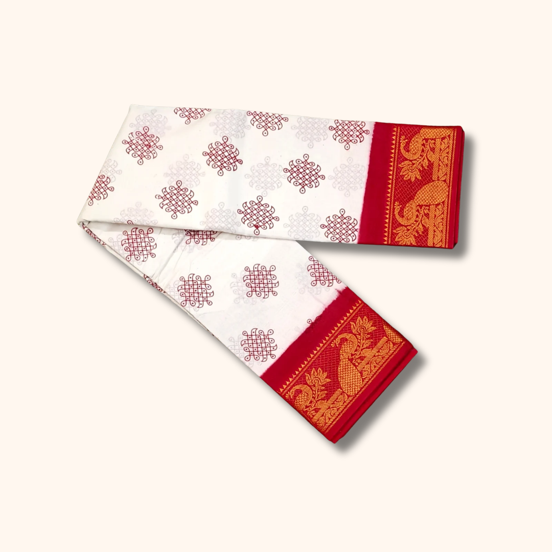 Off White Sungudi Cotton Saree with Red Temple Border