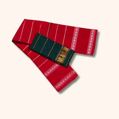 Bright Red Cotton Saree with Bottle Green Separate Blouse Piece