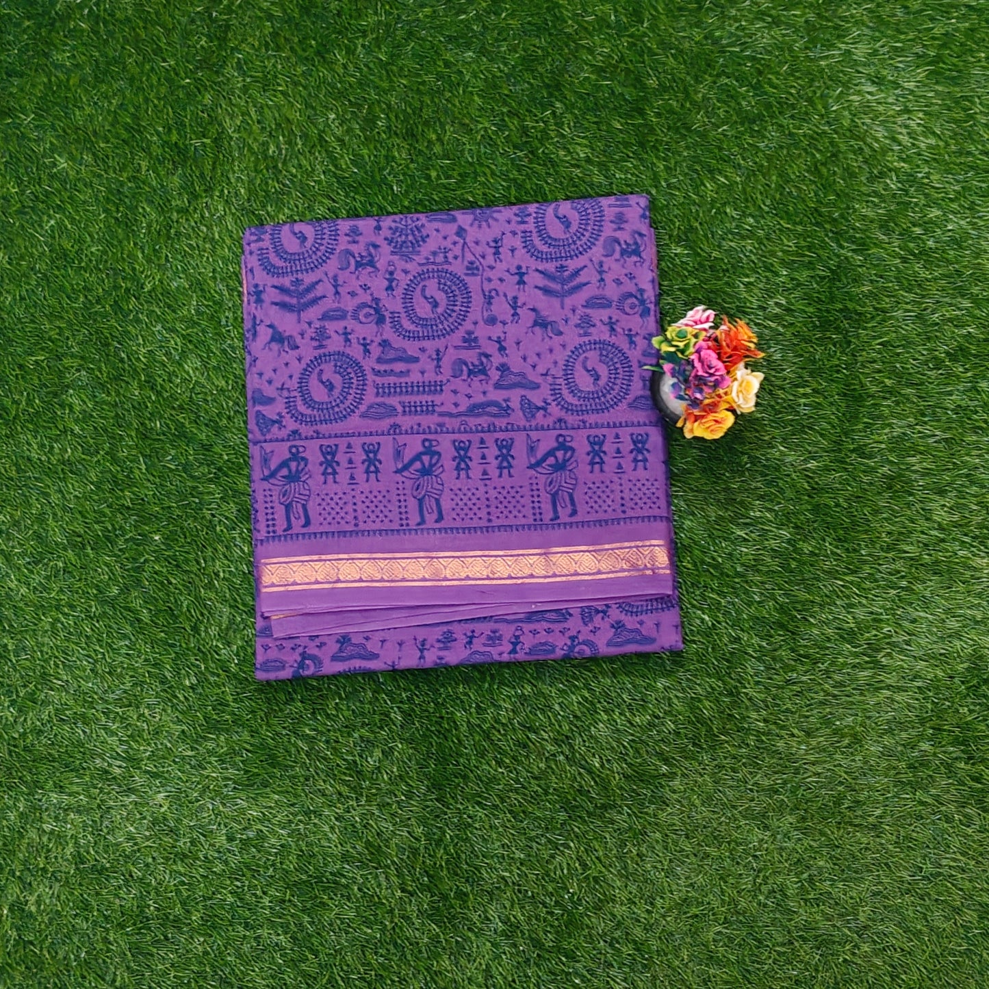 Purple Tribal Print Sungudi Cotton Saree with Traditional Border