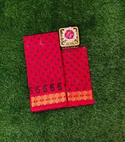 Classic Red Sungudi Cotton Saree with Traditional Dot Pattern & Zari Border